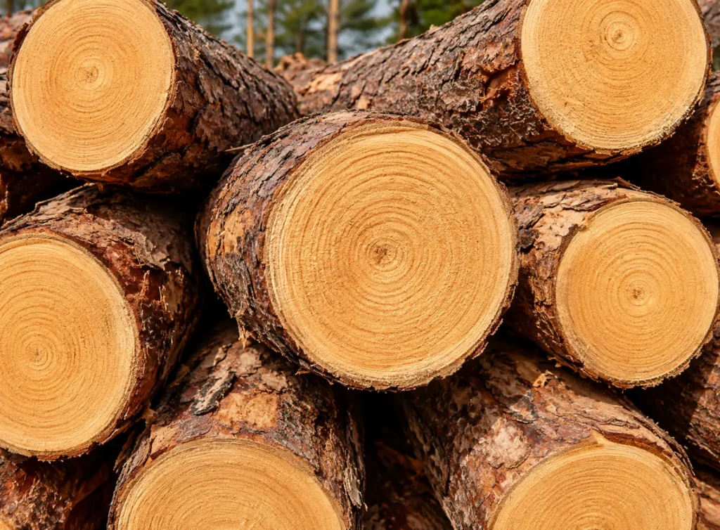 Freshly felled Pinus caribaea pine logs at the mill yard