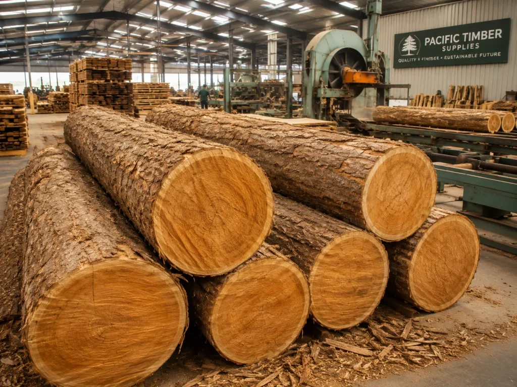 Plantation teak logs, Tectona grandis