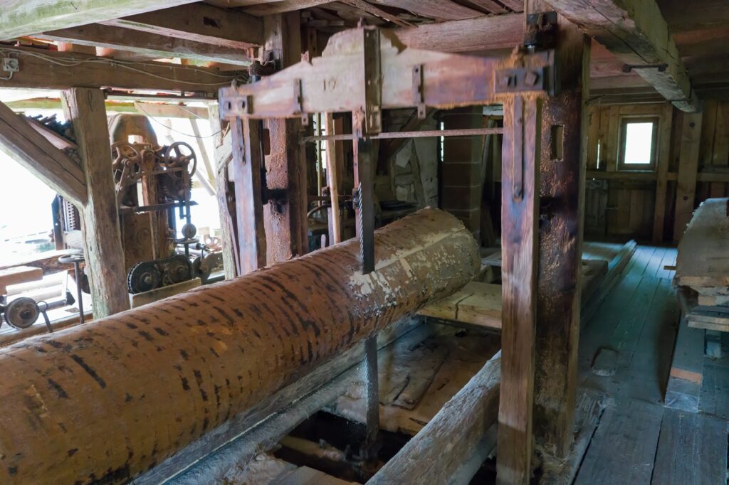 A log being sawn into boards at a sawmill
